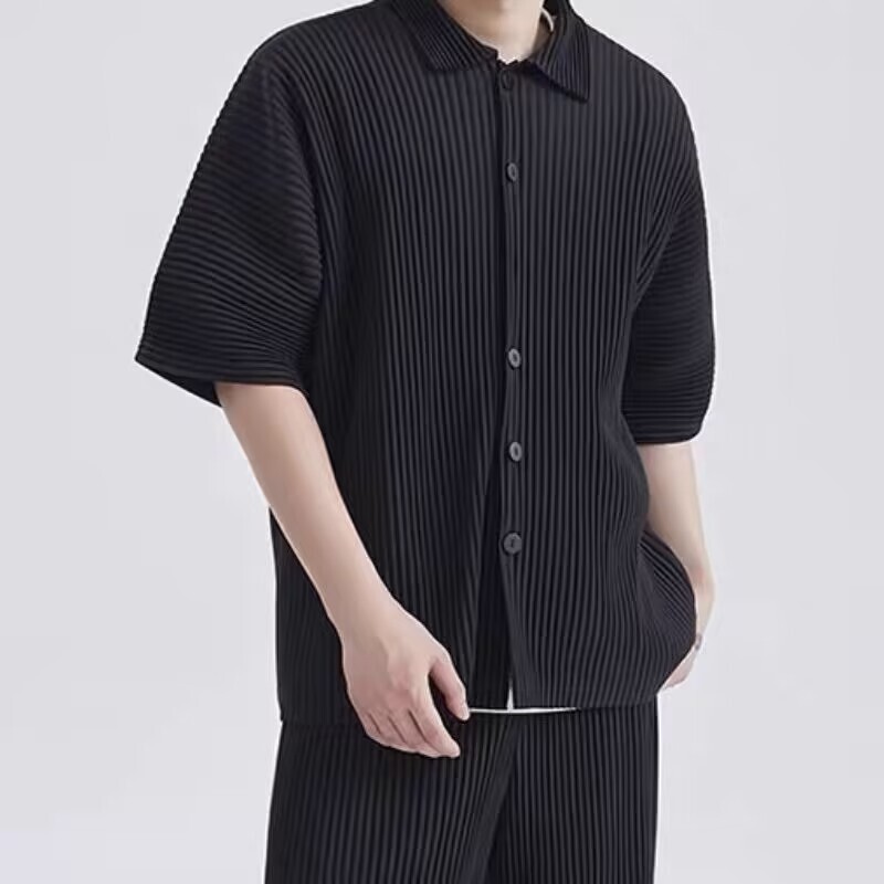 Japanese Miyake Style Pleated Short-Sleeved Shirt Jj122 Pleated Drape Lapel Loose Casual Jacket Men's Summer