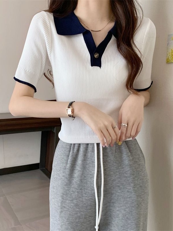 2025夏季针织衫女短袖设计感小众修身短款Polo衫t恤上衣|undefined