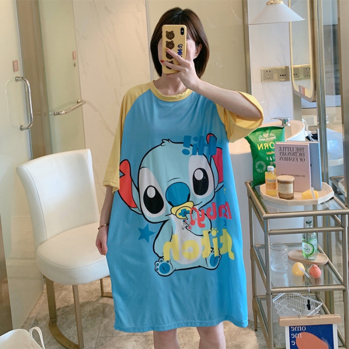 Camisón de las mujeres del verano Delgado manga corta nueva línea rojo estilo pijamas dibujos animados lindo señoras vestido flojo desgaste hogar