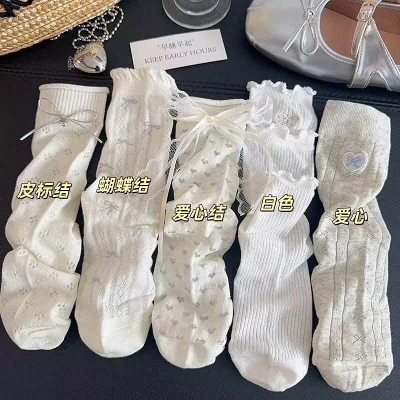 Bowknot Jk Socks for Women, Mid-Calf, Summer Thin Lace, Sweet White Style, Youthful Mid-Calf Socks