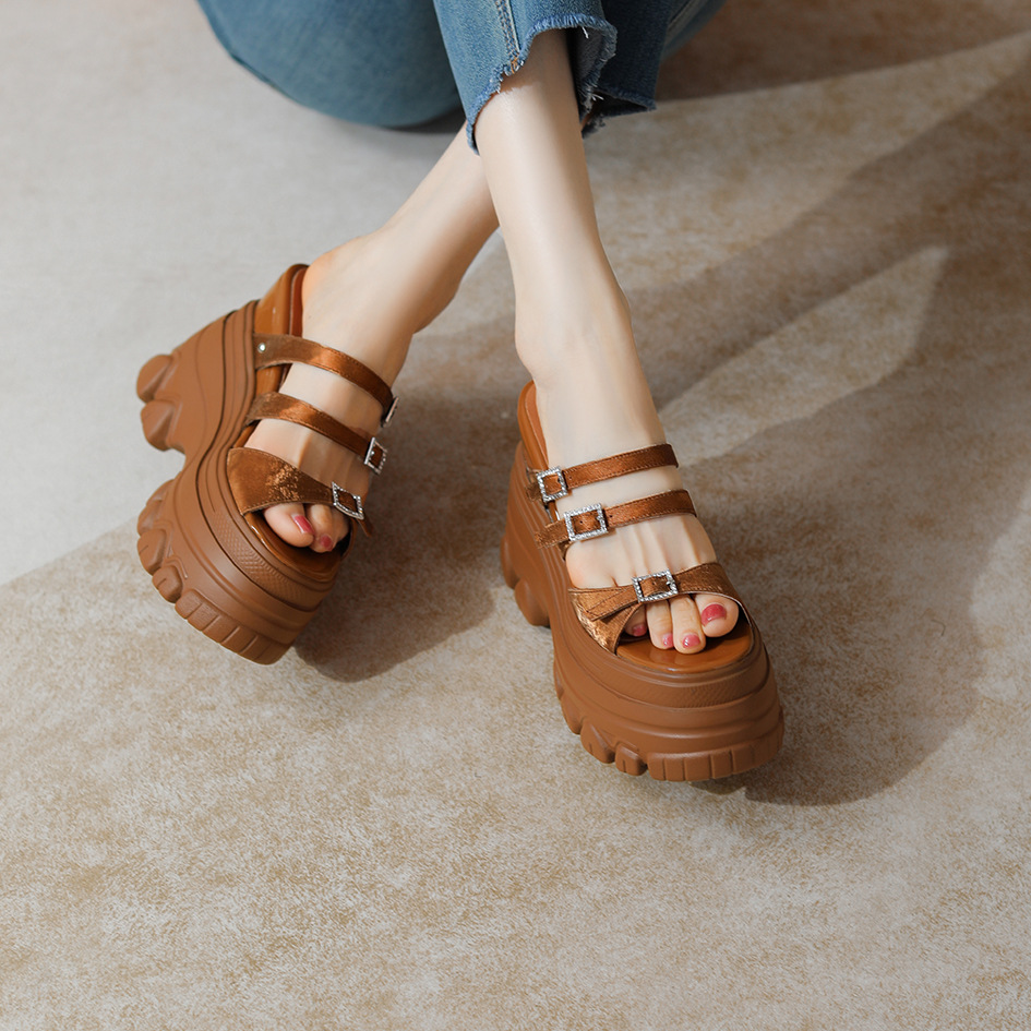 Sandal cao gót nữ đế xuồng 12cm da bò nguyên chất quai ngang — Màu đen, Màu trắng be, Màu hạnh nhân đậm