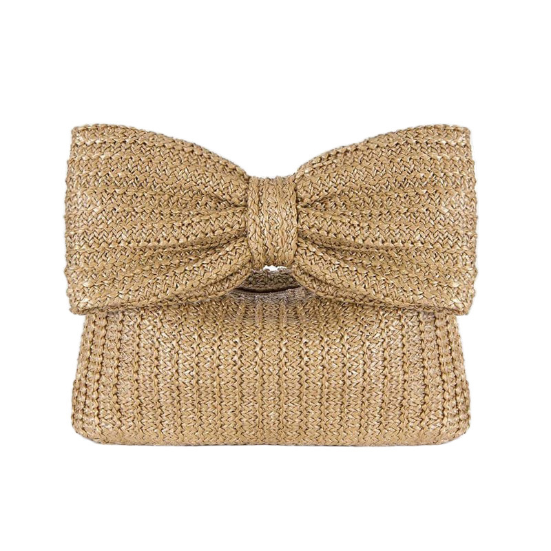 Straw woven handheld small clutch bag with zipper with bow