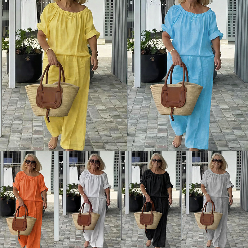 2026 Spring and Summer New Models in Stock for Cross-Border Trade European and American Women's Clothing Loose Drawstring Round Neck Top and Pants Two-Piece Set