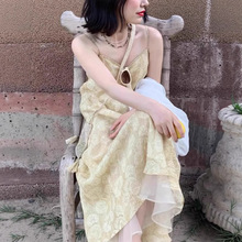 真丝欧根纱裙摆100%苎麻印花夏季度假宽松显瘦气质吊带连衣裙