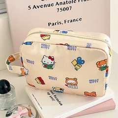 サテンkt猫化粧バッグかわいいアニメベージュ色プリント収納バッグ旅行に出かける携帯携帯洗面バッグ