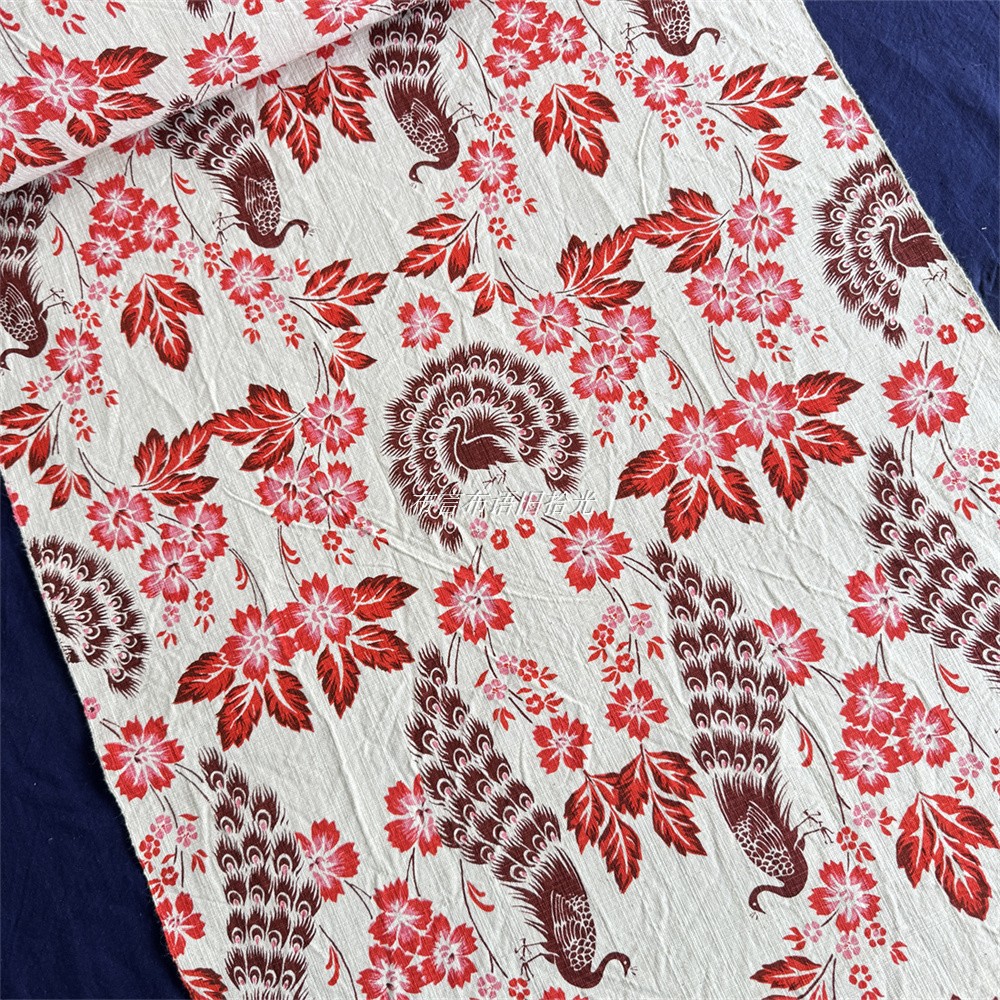 崇明土布老粗布手织布印花布手工印染布料中国风孔雀凤凰吉祥装饰