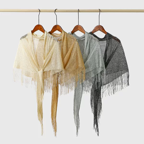 New Trendy Gold and Silver Thread Triangle Scarf Shawl for Women, Fashionable Tassel Polyester Stylish Outerwear Ethnic Style Scarf
