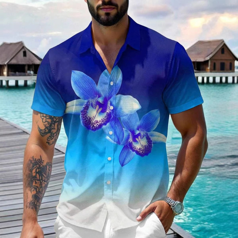 Men's Summer Orchid Print Gradient Short Sleeve Shirt Casual Vacation Top