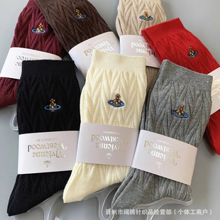 New Queen Mother of the West Saturn Embroider Double-Needle Twist Style Embossed Mid-Calf Socks Colorfulful Spring & Fall Piles of Cotton Socks
