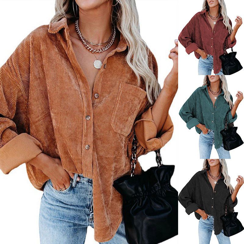Cross-border European and American foreign trade women's clothing for fall/winter 2021 new Amazon Oversize corduroy loose button shirt