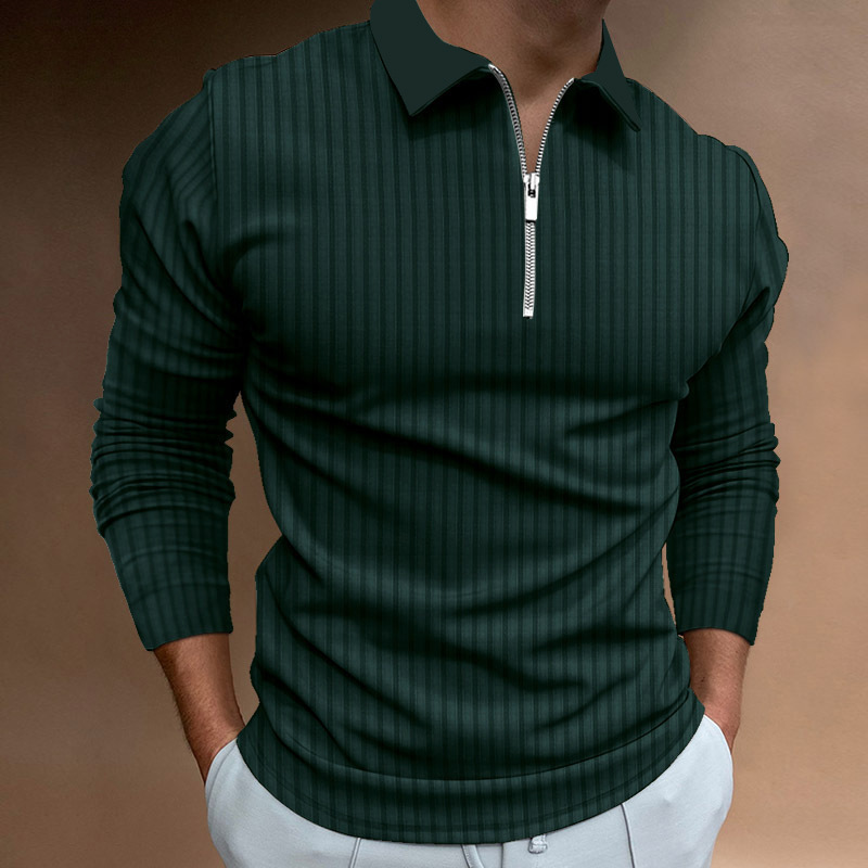 Nuevo transfronterizo de otoño para hombres europeos y estadounidenses deportivo acondicionamiento físico casual de collar vertical elástico tiras verticales con cremallera de manga larga camisa polo