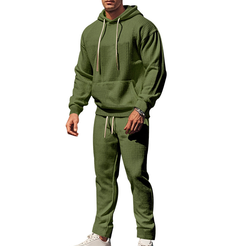 Men's Clothing heavy jacquard small square long sleeved trousers hooded suit _voghion.com