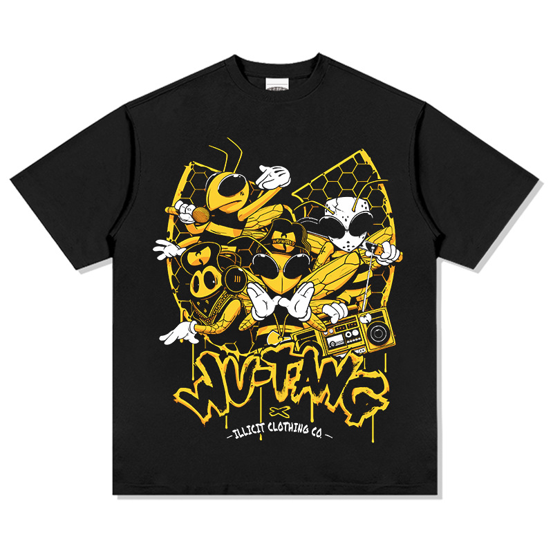 Wu-tang camiseta de manga corta retro americana con estampado lavado y desgastado suéter con capucha y cuello redondo suelto de algodón pesado