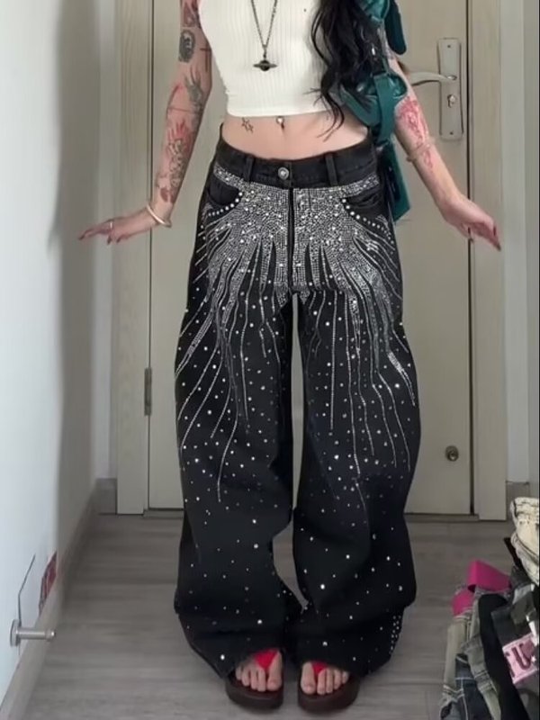 美式嘻哈水洗满天星烫钻弯刀牛仔裤女宽松显瘦个性爵士潮流阔腿裤|undefined
