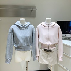 美式休闲纯色短款空气层卫衣连帽开衫卫衣女早秋2025新款外套