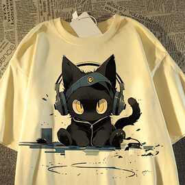 纯棉女士短袖t恤大码杏色欧美宽松美式慵懒风宽松大图案logo猫咪
