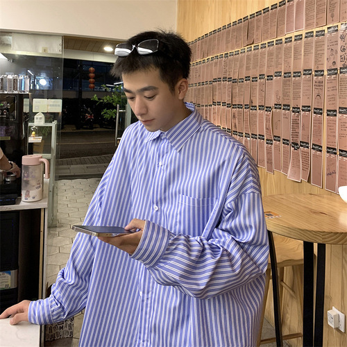 Striped long-sleeved shirt, men's spring and autumn Hong Kong style, Japanese coat, design, niche shirt, autumn handsome and fashionable top