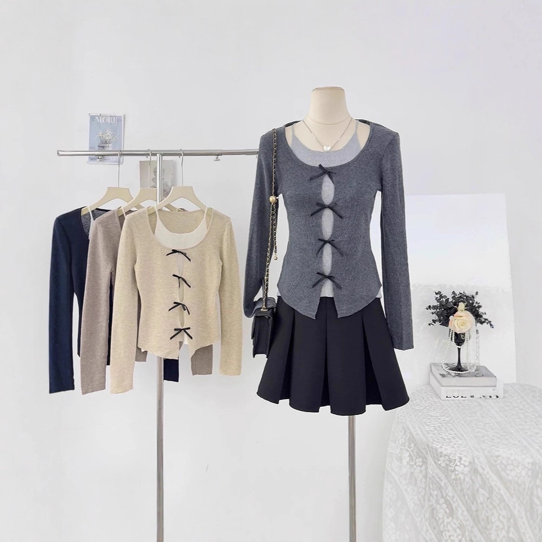 Korean Style Pure Desire Bow Color-Blocking Fake Two-Piece Long-Sleeve Knit Sweater Autumn and Winter Design Slimming Top for Women Trendy