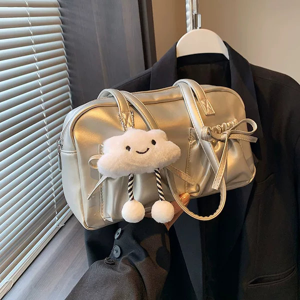 Korean Style Trendy Bow Pleated Glossy Armpit Bag 2024 Summer New Ballet Style Shoulder Bag Women's Bag