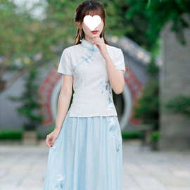 民国女装复古盘扣绣花短袖茶艺服中国风汉服唐装改良旗袍套装