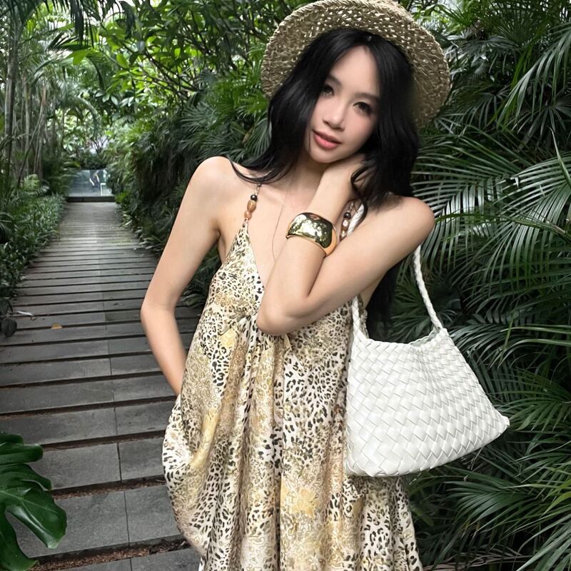 设计感不规则豹纹套装吊带露背女装夏季挂脖宽松无袖外穿辣妹上衣|undefined