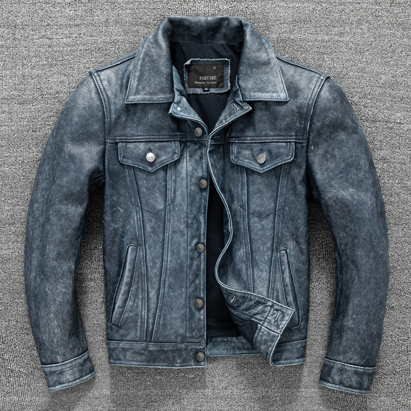 American-Style Vintage Stone-Washed Distressed Denim Genuine Leather Jacket Men's Coat Trendy