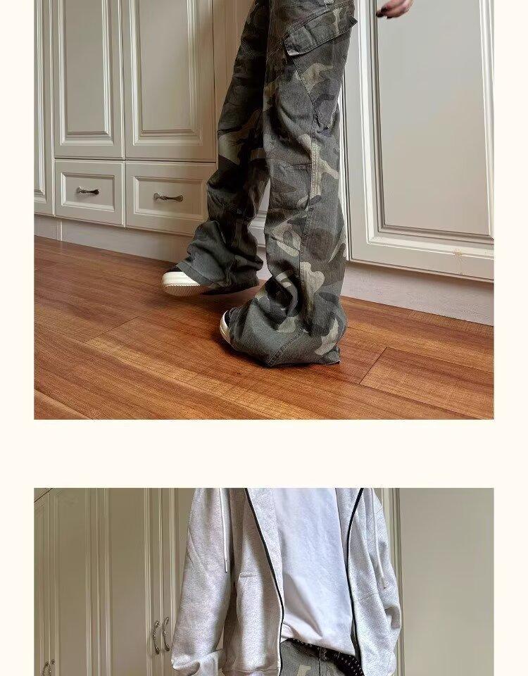 Washed Vintage Camouflage Jeans For Men, American High Street Style, Loose Straight Leg, Wide-Leg Cargo Pants With A_voghion.com