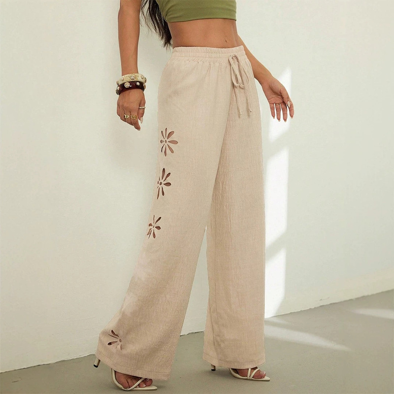 2026 Summer and Autumn New European and American Cross-Border Fashion High-Waisted Casual Hollow-Out Solid Color Long Pants