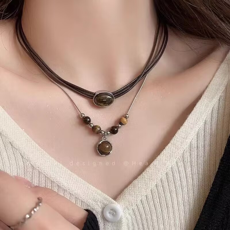 复古皮革虎眼石项链女中式叠戴choker小众颈链百搭气质锁骨链配饰