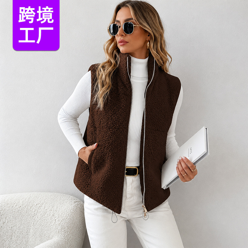 Cross-Border Dropshipping Autumn and Winter Brown Faux Lamb Wool Small Stand Collar Zipper Vest Women's Sleeveless Vest Warm Cotton Jacket