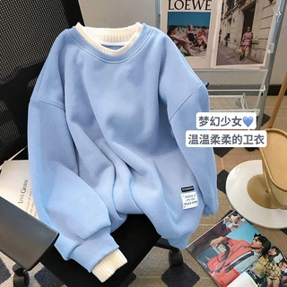 秋冬女式卫衣短袖加绒加厚圆领女假两件长袖气质上衣宽松大码