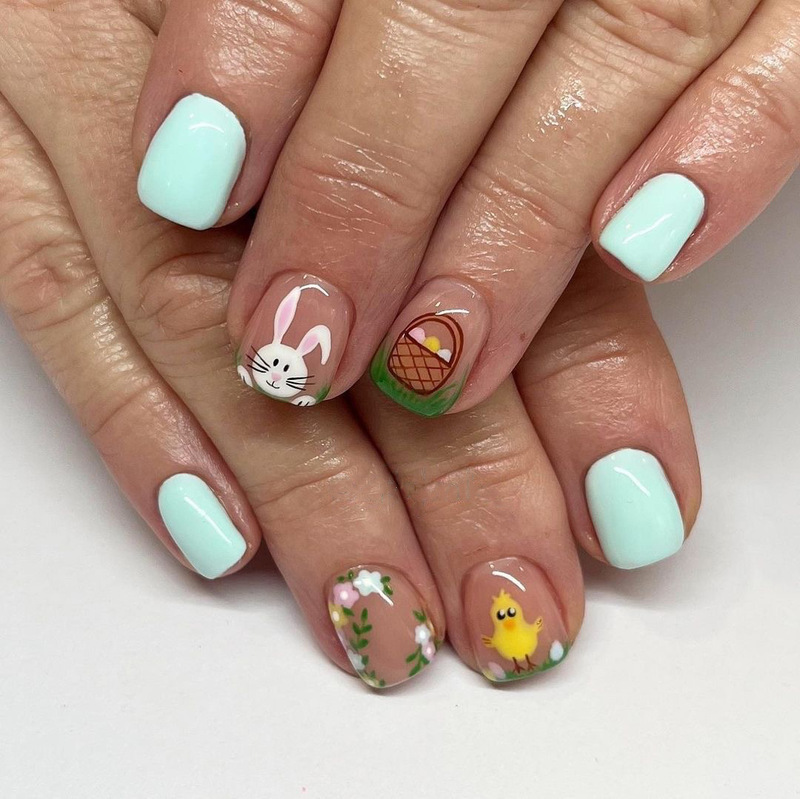 French-Style Fresh and Simple Ins-Style Short Square Rabbit and Chick Easter Nail Art Fake Nails Nail Tips French-Style Fresh and Simple Ins-Style Short Square Rabbit and Chick Easter Nail Art Fake Nails Nail Tips