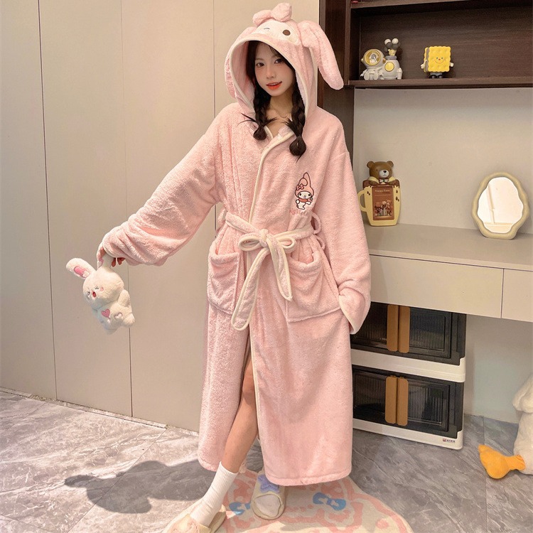 Tiktok Popular Cute Cartoon Bathrobe for Women, Absorbent Quick-Dry Bath Towel, New Autumn and Winter Adult Bathrobe, My Melody Sleepwear