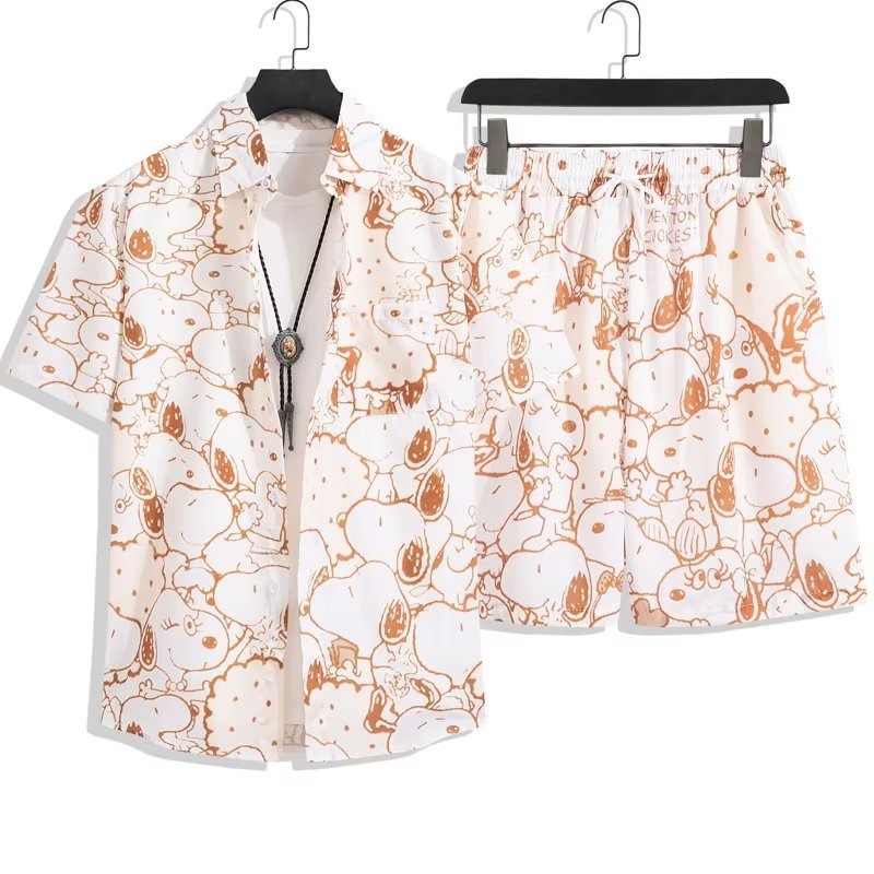 국경 간 하와이 해변 얼음 실크 꽃 셔츠 반팔 남성 느슨한 대형 셔츠 반바지 유행 인쇄 양복
