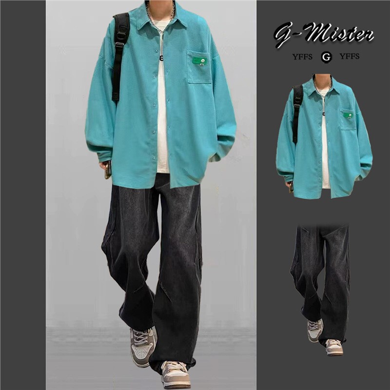 Spring and Autumn Smiley Face Waffle Long-Sleeve Shirt Set for Men, Hong Kong Style Men's Clothing Set Paired with Jeans, Casual and Versatile