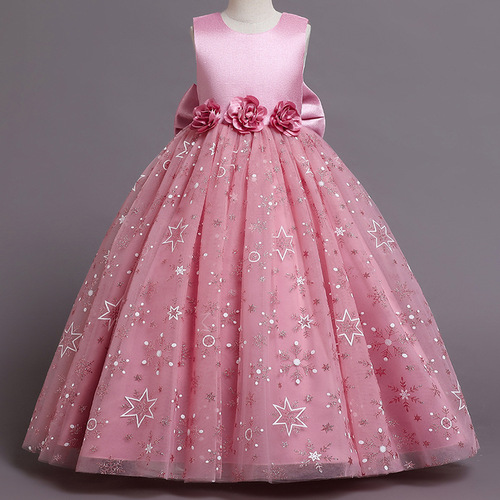 Girls' dress evening dress printed mesh puffy dress princess dress sweet host dress speech performance
