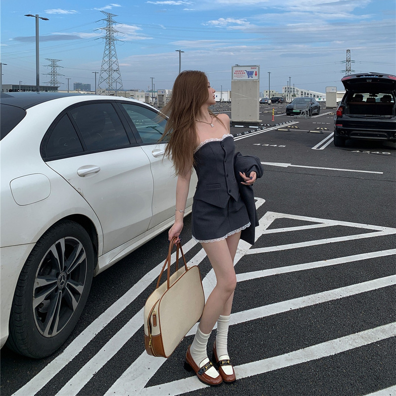 2025实拍西装外套套装女秋A字半身裙蕾丝抹胸三件套|undefined