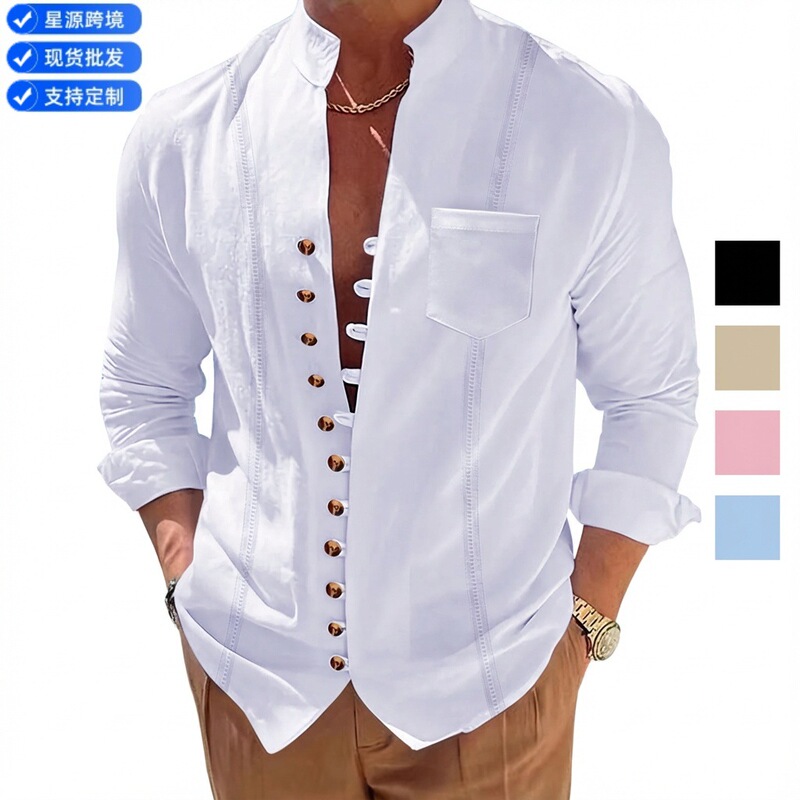 Cross-border Amazon Wish ebay New Men's Cuban Style Retro Cotton and Linen Casual Loose Long Sleeve Shirt
