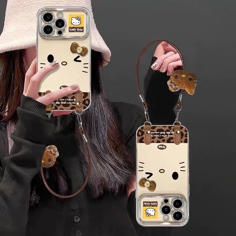 Suitable for Apple 17 Mobile Phone Case Electroplating Large Window 16Promax Leopard Print Kt Cat 15 Lanyard Oppo All-Inclusive Anti-Fall