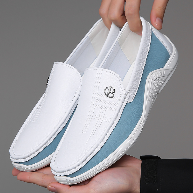 2025 Summer Leather Shoes Soft Leather Men's Shoes Soft Sole Men's Business Casual White Shoes British Fashion Slip-On Shoes