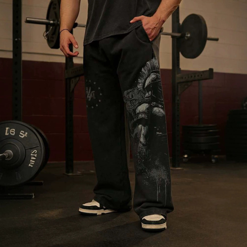 Youngla2026 New American-Style Sports Pants Gym Fitness Running Training Pants Cotton Printed Wide-Leg Long Pants