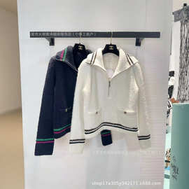 韩系复古高领条纹半拉链毛衣女秋冬季学院风宽松撞色情侣装针织衫