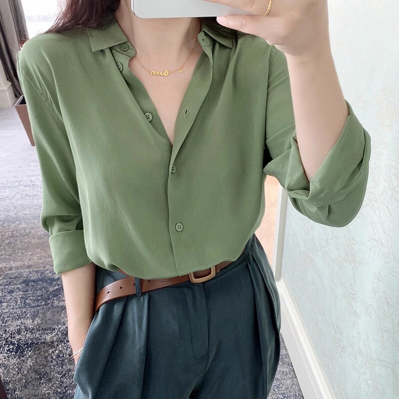 Elegant and Slimming Light Green Silk Shirt, High-End Mulberry Silk Soft and Smooth Sand-Washed Blouse, 2026 Spring/Summer New Women's Fashion Elegant and Slimming Light Green Silk Shirt, High-End Mulberry Silk Soft and Smooth Sand-Washed Blouse, 2026 Spring/Summer New Women's Fashion