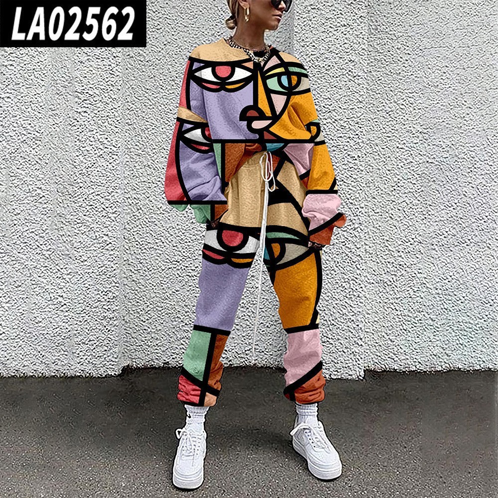 Conjunto de Sudadera Informal con Cuello Redondo y Estampado Holgado para Mujer, Estilo Europeo y Americano, Novedad de Comercio Exterior Transfronterizo para Otoño 2025