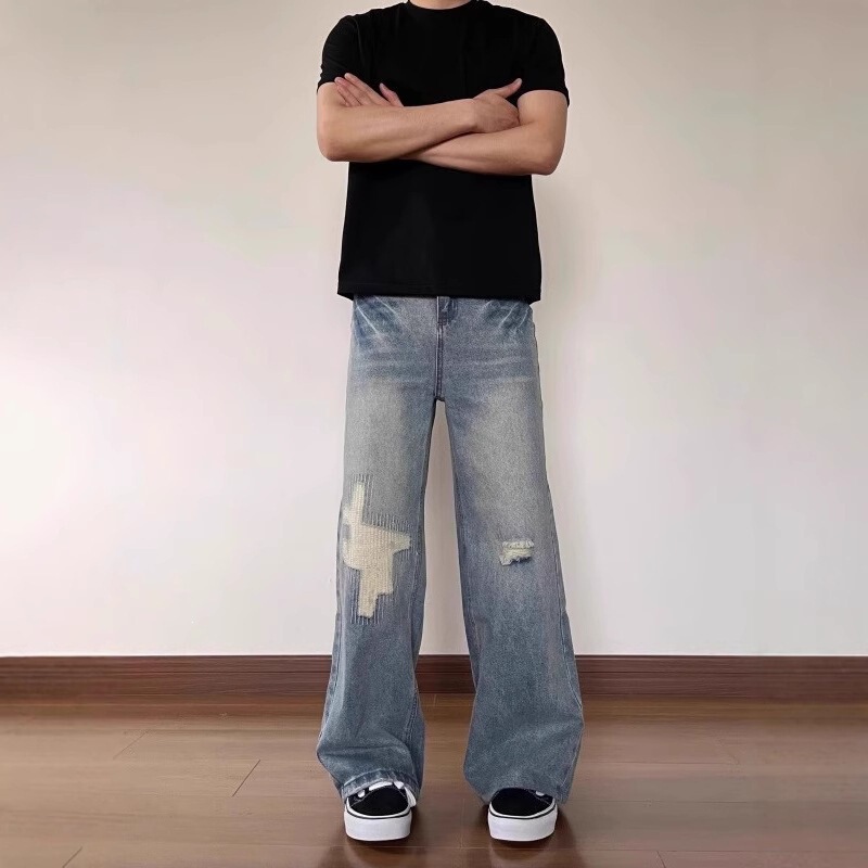 Ripped American-style distressed straight-leg jeans, lightning pants, high street design, spring and autumn wide-leg loose fit, unisex fashion Ripped American-style distressed straight-leg jeans, lightning pants, high street design, spring and autumn wide-leg loose fit, unisex fashion