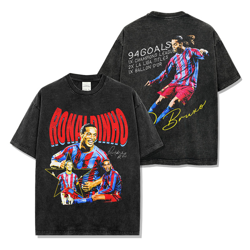 Cross-border American Style Vintage Ronaldinho Barcelona Printed Washed Short-sleeved T-shirt Loose Round Neck Hooded Sweat