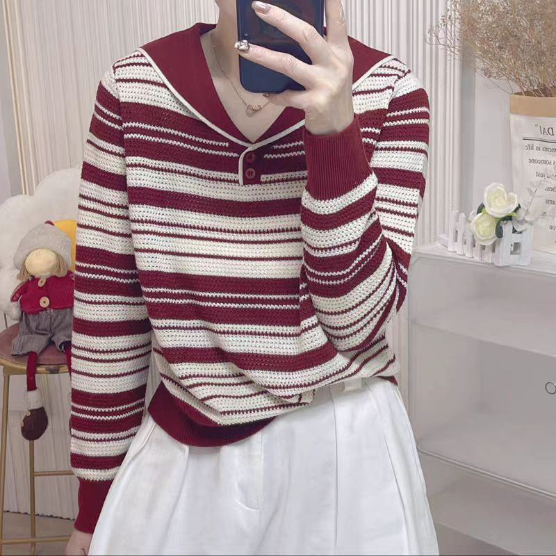 Navy Collar Striped Sweater for Women, Autumn and Winter New Fashion Trendy Top, Age-Reducing Design Pullover Long-Sleeve Knitwear