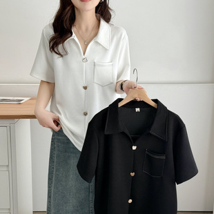 Plus Size Women's Design Button Decoration Slimming Look Right Shoulder Topstitch Polo Collar Chic Short-Sleeved Top C-2510