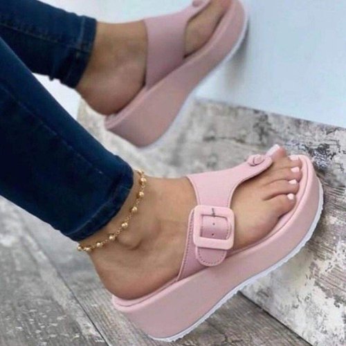 Cross-border foreign trade new European and American  set of casual low-cut thong pink slippers with empty platform heels on the foot side and empty back