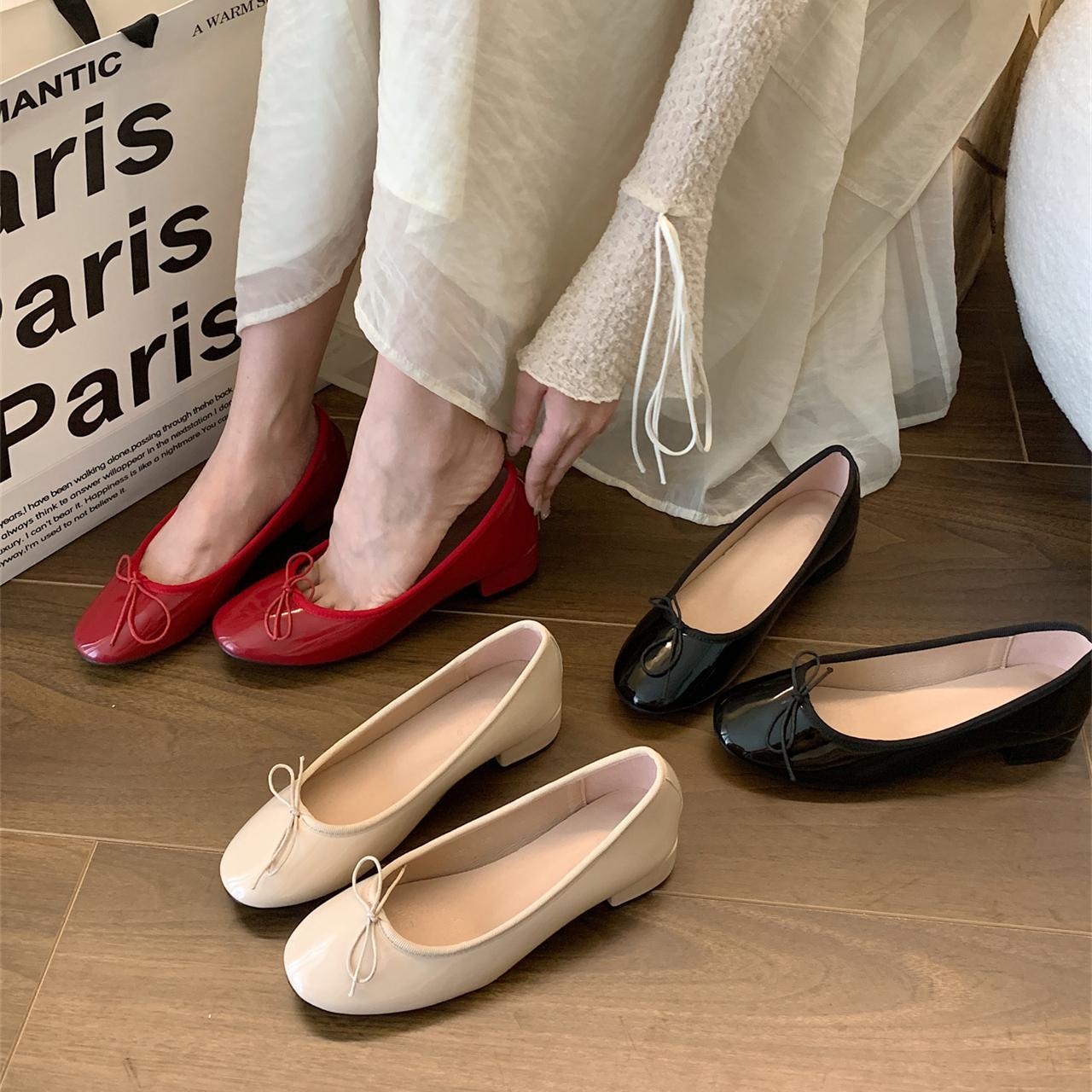 Retro Little Red Shoes Women's Summer Thick Heel Single Shoes 2025 Spring New Bow Fairy Shoes Red Wedding Shoes Can Be Weared Everyday